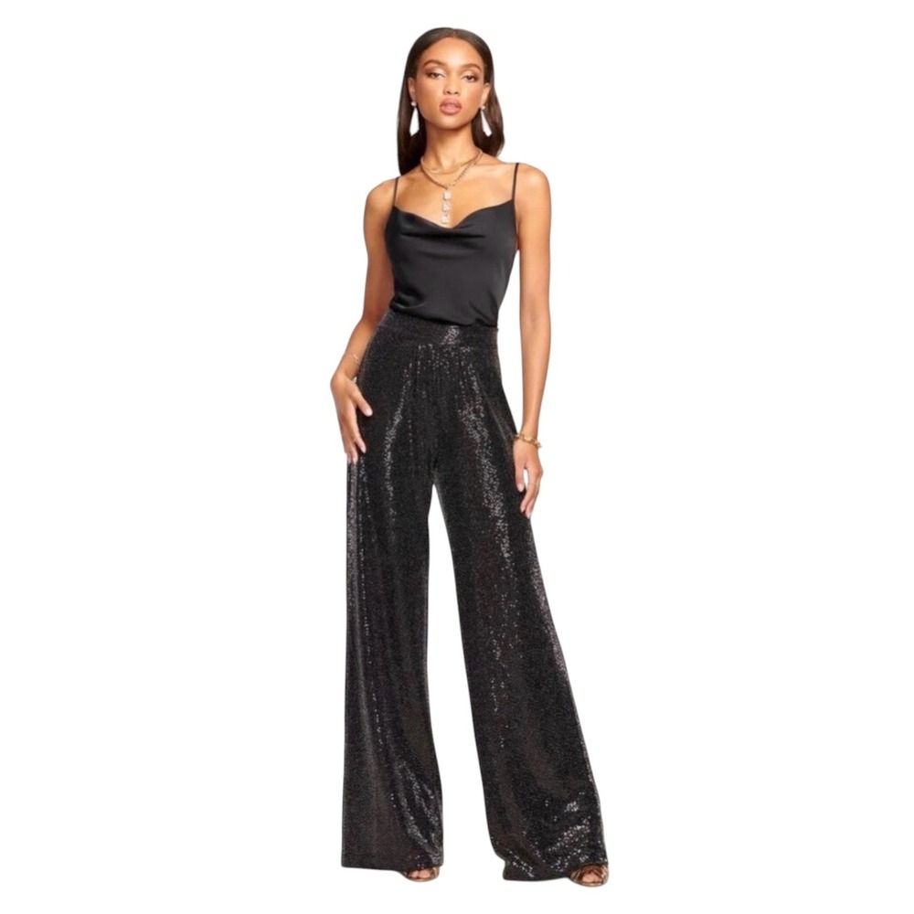 NEW RAMY BROOK Christine Black Sequin Wide-Leg Pants Size 2